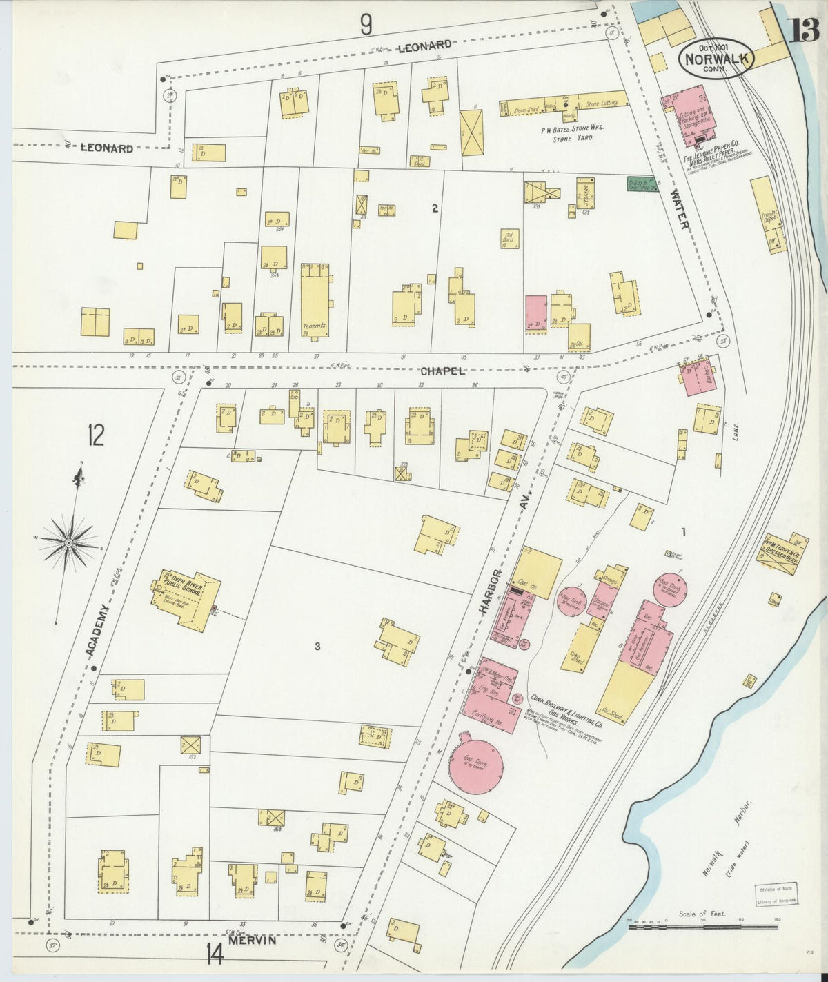 Sanborn Fire Insurance Map from Norwalk, Fairfield County, Connecticut (1901), Sheet #0013 - Historic Sanborn Fire Insurance Map Print, vintage old map wall art, antique decor, genealogy gift, Connecticut Connecticut map