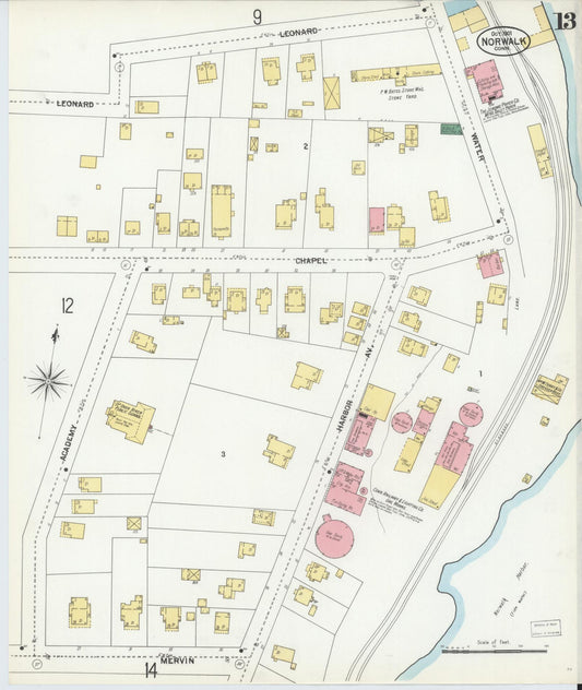 Sanborn Fire Insurance Map from Norwalk, Fairfield County, Connecticut (1901), Sheet #0013 - Historic Sanborn Fire Insurance Map Print, vintage old map wall art, antique decor, genealogy gift, Connecticut Connecticut map