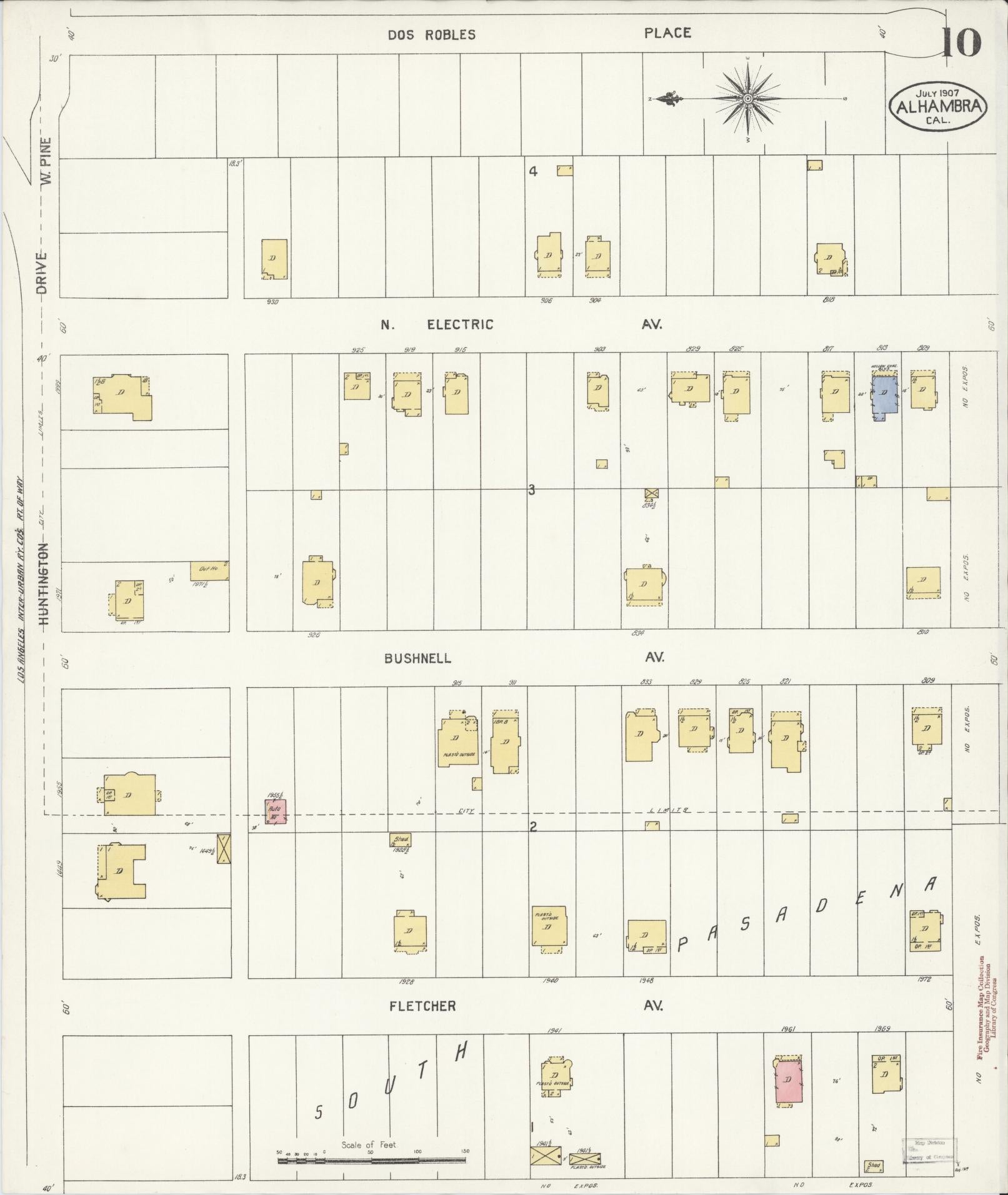 Sanborn Fire Insurance Map from Alhambra, Los Angeles County, California (1907), Sheet #0010 - Historic Sanborn Fire Insurance Map Print, vintage old map wall art, antique decor, genealogy gift, California California map
