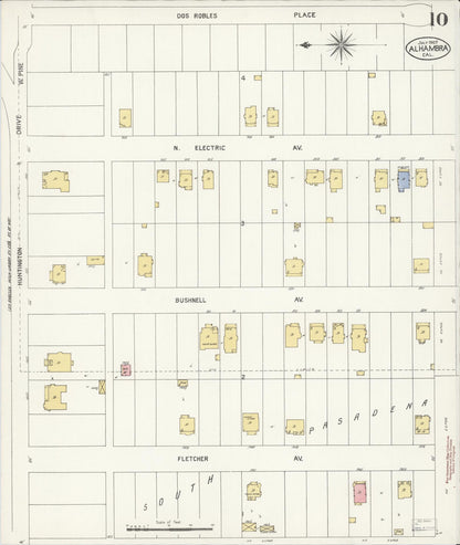 Sanborn Fire Insurance Map from Alhambra, Los Angeles County, California (1907), Sheet #0010 - Historic Sanborn Fire Insurance Map Print, vintage old map wall art, antique decor, genealogy gift, California California map