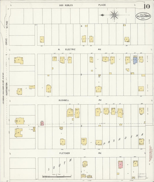 Sanborn Fire Insurance Map from Alhambra, Los Angeles County, California (1907), Sheet #0010 - Historic Sanborn Fire Insurance Map Print, vintage old map wall art, antique decor, genealogy gift, California California map