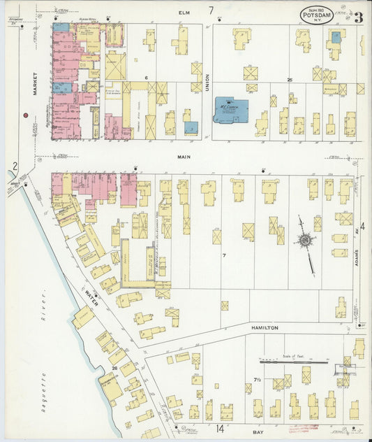 Sanborn Fire Insurance Map from Potsdam, St. Lawrence County, New York (1910), Sheet #0003 - Historic Sanborn Fire Insurance Map Print, vintage old map wall art, antique decor, genealogy gift, New York New York map