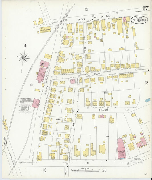 Sanborn Fire Insurance Map from Petersburg, Independent Cities, Virginia (1908), Sheet #0017 - Historic Sanborn Fire Insurance Map Print, vintage old map wall art, antique decor, genealogy gift, Virginia Virginia map
