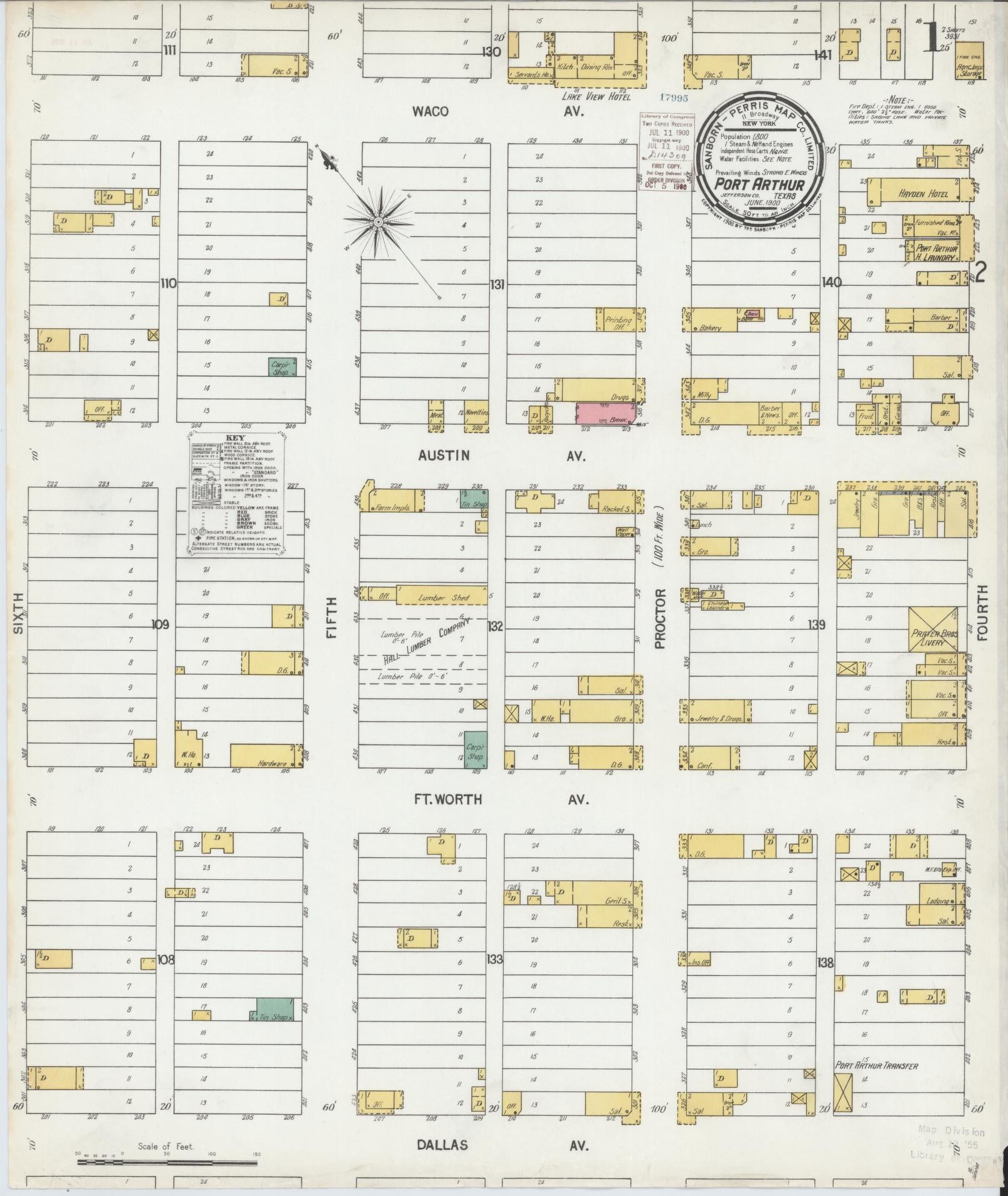 Sanborn Fire Insurance Map from Port Arthur, Jefferson County, Texas (1900), Sheet #0001 - Complete Map Set gallery image, historic Sanborn map, vintage wall art, Texas Texas