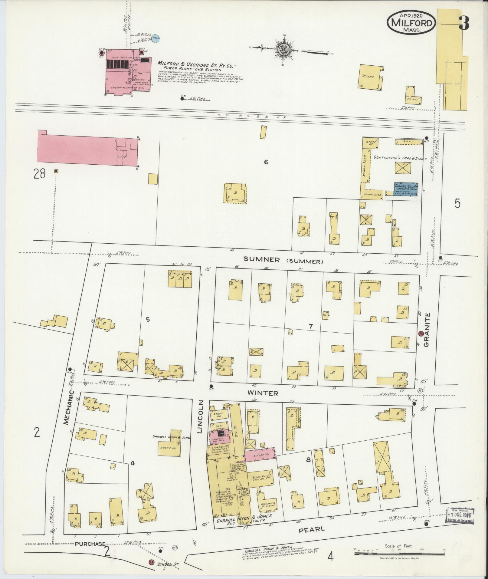 Sanborn Fire Insurance Map from Milford, Worcester County, Massachusetts (1920), Sheet #0003 - Historic Sanborn Fire Insurance Map Print, vintage old map wall art, antique decor, genealogy gift, Massachusetts Massachusetts map