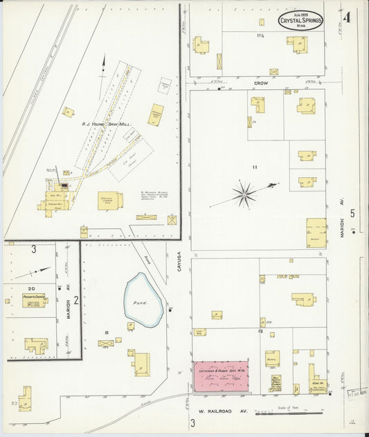 Sanborn Fire Insurance Map from Crystal Springs, Copiah County, Mississippi (1909), Sheet #0004 - Historic Sanborn Fire Insurance Map Print, vintage old map wall art, antique decor, genealogy gift, Mississippi Mississippi map