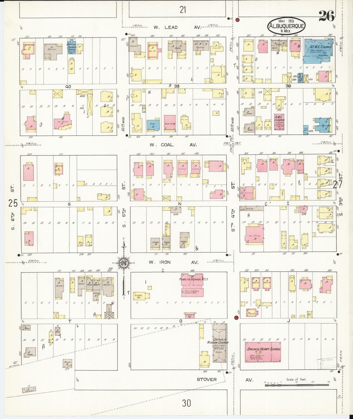 Sanborn Fire Insurance Map from Albuquerque, Bernalillo County, New Mexico (1913), Sheet #0026 - Historic Sanborn Fire Insurance Map Print, vintage old map wall art, antique decor, genealogy gift, New Mexico New Mexico map
