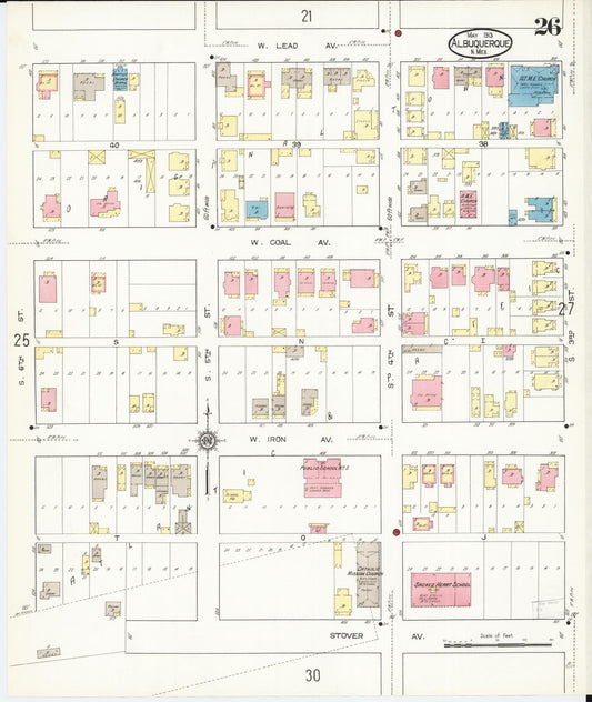 Sanborn Fire Insurance Map from Albuquerque, Bernalillo County, New Mexico (1913), Sheet #0026 - Historic Sanborn Fire Insurance Map Print, vintage old map wall art, antique decor, genealogy gift, New Mexico New Mexico map