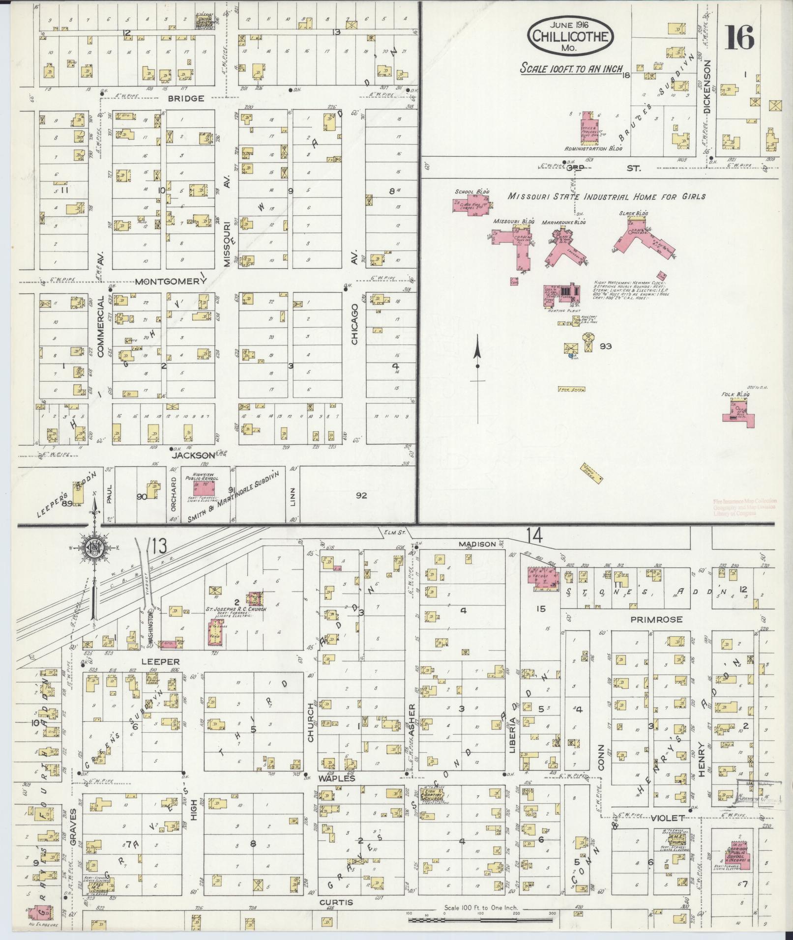 Sanborn Fire Insurance Map from Chillicothe, Livingston County, Missouri (1916), Sheet #0016 - Complete Map Set gallery image, historic Sanborn map, vintage wall art, Missouri Missouri