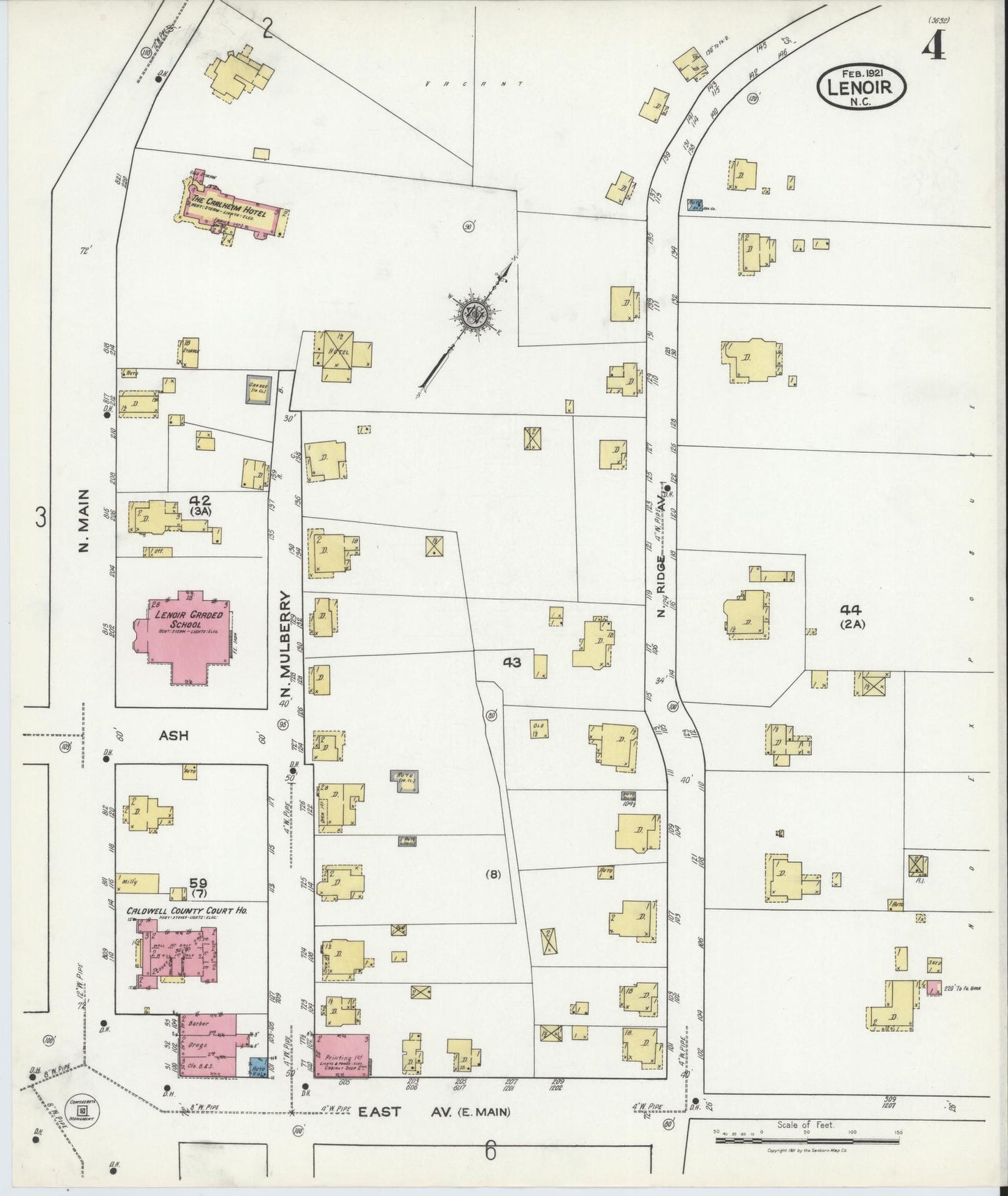Sanborn Fire Insurance Map from Lenoir, Caldwell County, North Carolina (1921), Sheet #0004 - Complete Map Set gallery image, historic Sanborn map, vintage wall art, North Carolina North Carolina