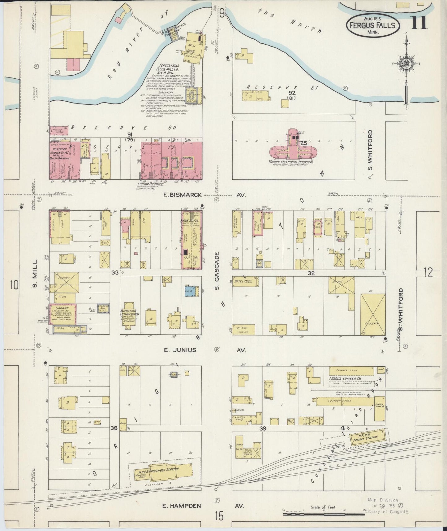 Sanborn Fire Insurance Map from Fergus Falls, Otter Tail County, Minnesota (1915), Sheet #0011 - Historic Sanborn Fire Insurance Map Print, vintage old map wall art, antique decor, genealogy gift, Minnesota Minnesota map