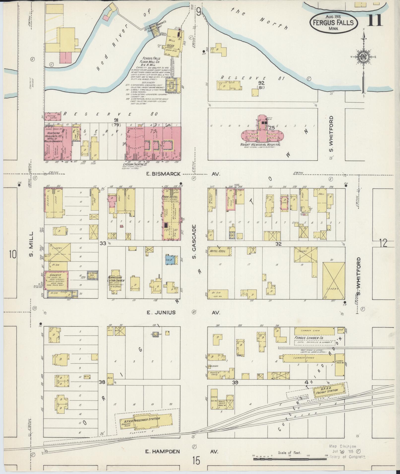 Sanborn Fire Insurance Map from Fergus Falls, Otter Tail County, Minnesota (1915), Sheet #0011 - Historic Sanborn Fire Insurance Map Print, vintage old map wall art, antique decor, genealogy gift, Minnesota Minnesota map