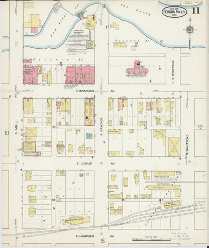 Sanborn Fire Insurance Map from Fergus Falls, Otter Tail County, Minnesota (1915), Sheet #0011 - Historic Sanborn Fire Insurance Map Print, vintage old map wall art, antique decor, genealogy gift, Minnesota Minnesota map
