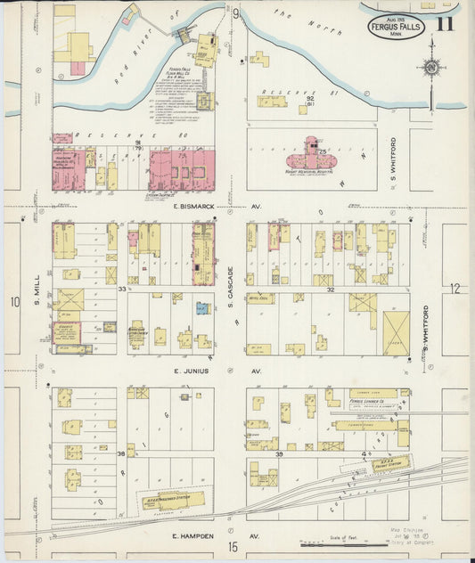 Sanborn Fire Insurance Map from Fergus Falls, Otter Tail County, Minnesota (1915), Sheet #0011 - Historic Sanborn Fire Insurance Map Print, vintage old map wall art, antique decor, genealogy gift, Minnesota Minnesota map