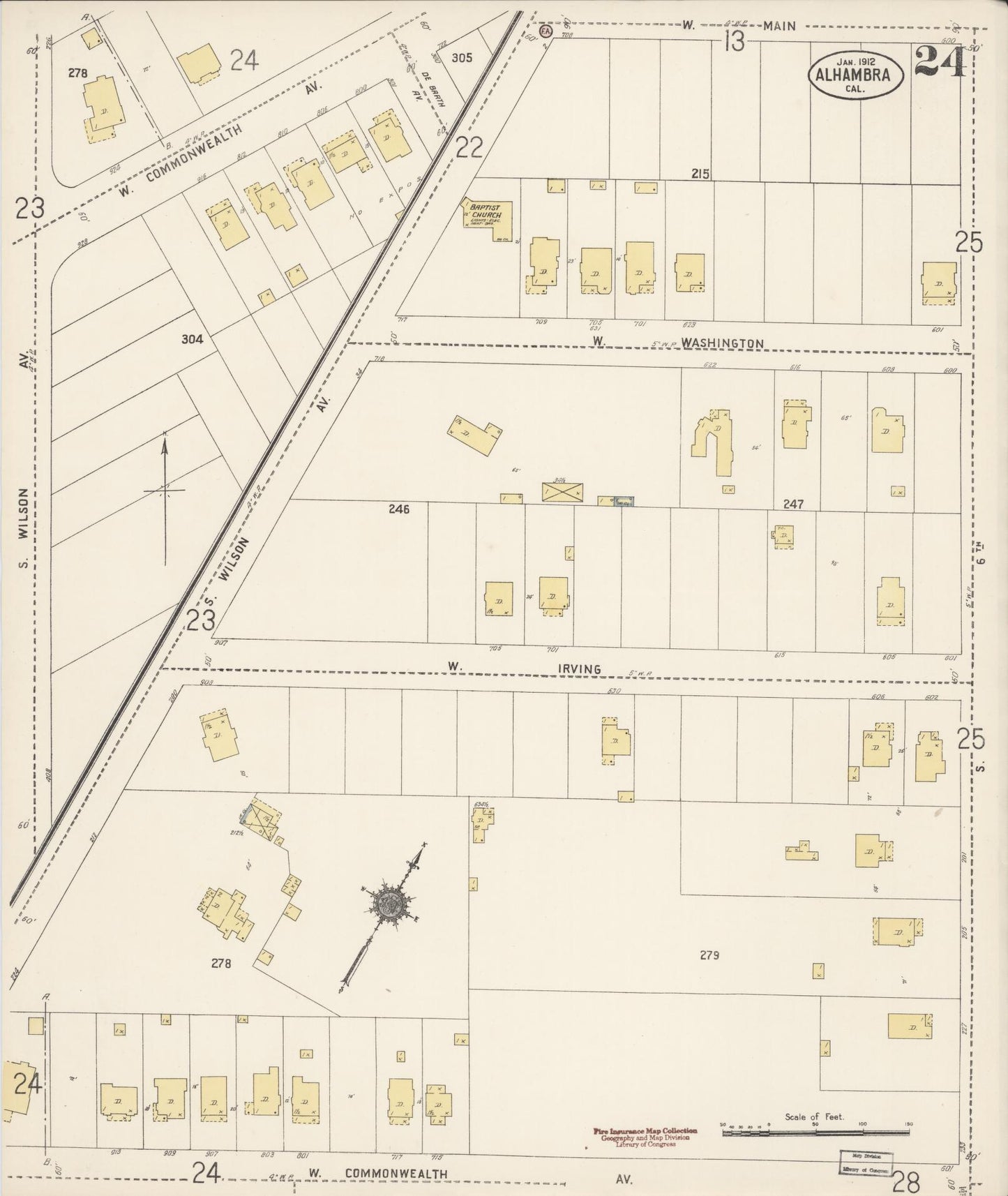 Sanborn Fire Insurance Map from Alhambra, Los Angeles County, California (1912), Sheet #0024 - Historic Sanborn Fire Insurance Map Print, vintage old map wall art, antique decor, genealogy gift, California California map