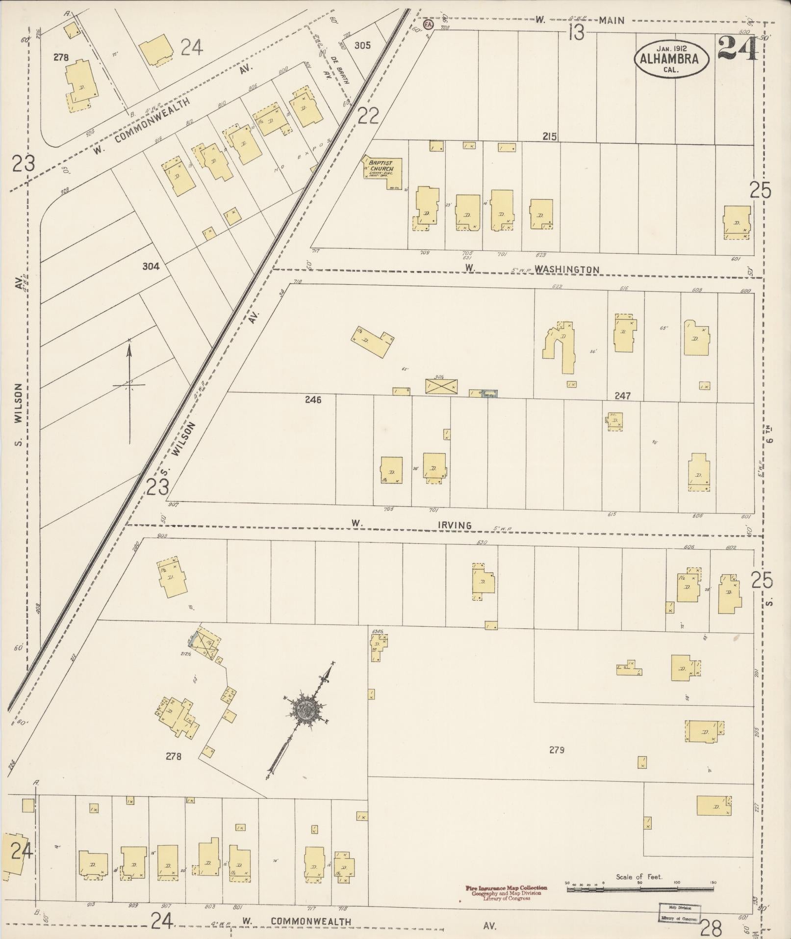 Sanborn Fire Insurance Map from Alhambra, Los Angeles County, California (1912), Sheet #0024 - Historic Sanborn Fire Insurance Map Print, vintage old map wall art, antique decor, genealogy gift, California California map