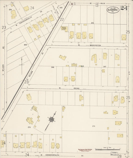 Sanborn Fire Insurance Map from Alhambra, Los Angeles County, California (1912), Sheet #0024 - Historic Sanborn Fire Insurance Map Print, vintage old map wall art, antique decor, genealogy gift, California California map