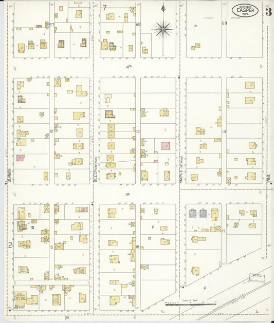 Sanborn Fire Insurance Map from Casper, Natrona County, Wyoming (1907), Sheet #0003 - Historic Sanborn Fire Insurance Map Print, vintage old map wall art, antique decor, genealogy gift, Wyoming Wyoming map