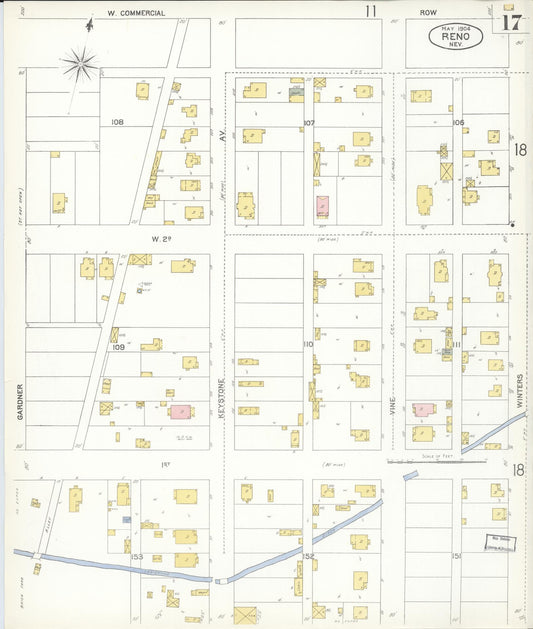 Sanborn Fire Insurance Map from Reno, Washoe County, Nevada (1904), Sheet #0017 - Historic Sanborn Fire Insurance Map Print, vintage old map wall art, antique decor, genealogy gift, Nevada Nevada map