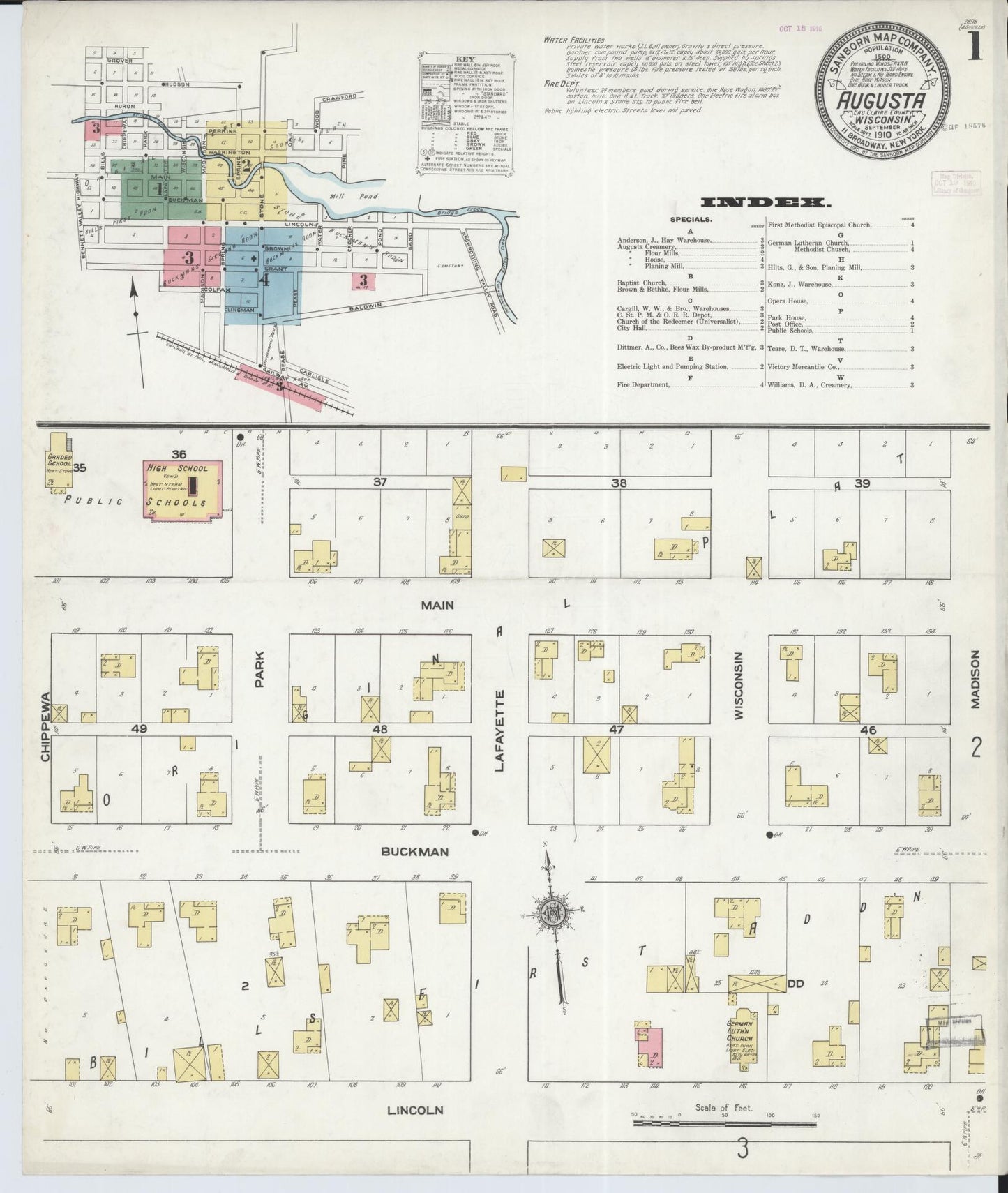 Sanborn Fire Insurance Map from Augusta, Eau Claire County, Wisconsin (1910), Sheet #0001 - Historic Sanborn Fire Insurance Map Print, vintage old map wall art, antique decor, genealogy gift, Wisconsin Wisconsin map