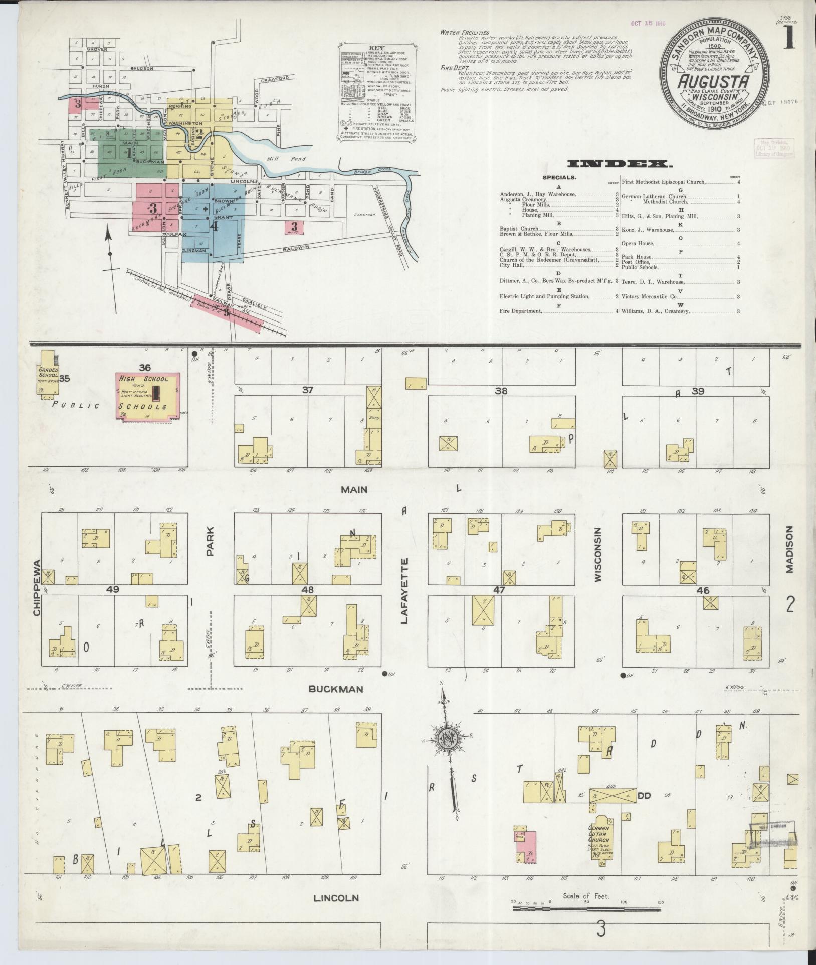 Sanborn Fire Insurance Map from Augusta, Eau Claire County, Wisconsin (1910), Sheet #0001 - Historic Sanborn Fire Insurance Map Print, vintage old map wall art, antique decor, genealogy gift, Wisconsin Wisconsin map