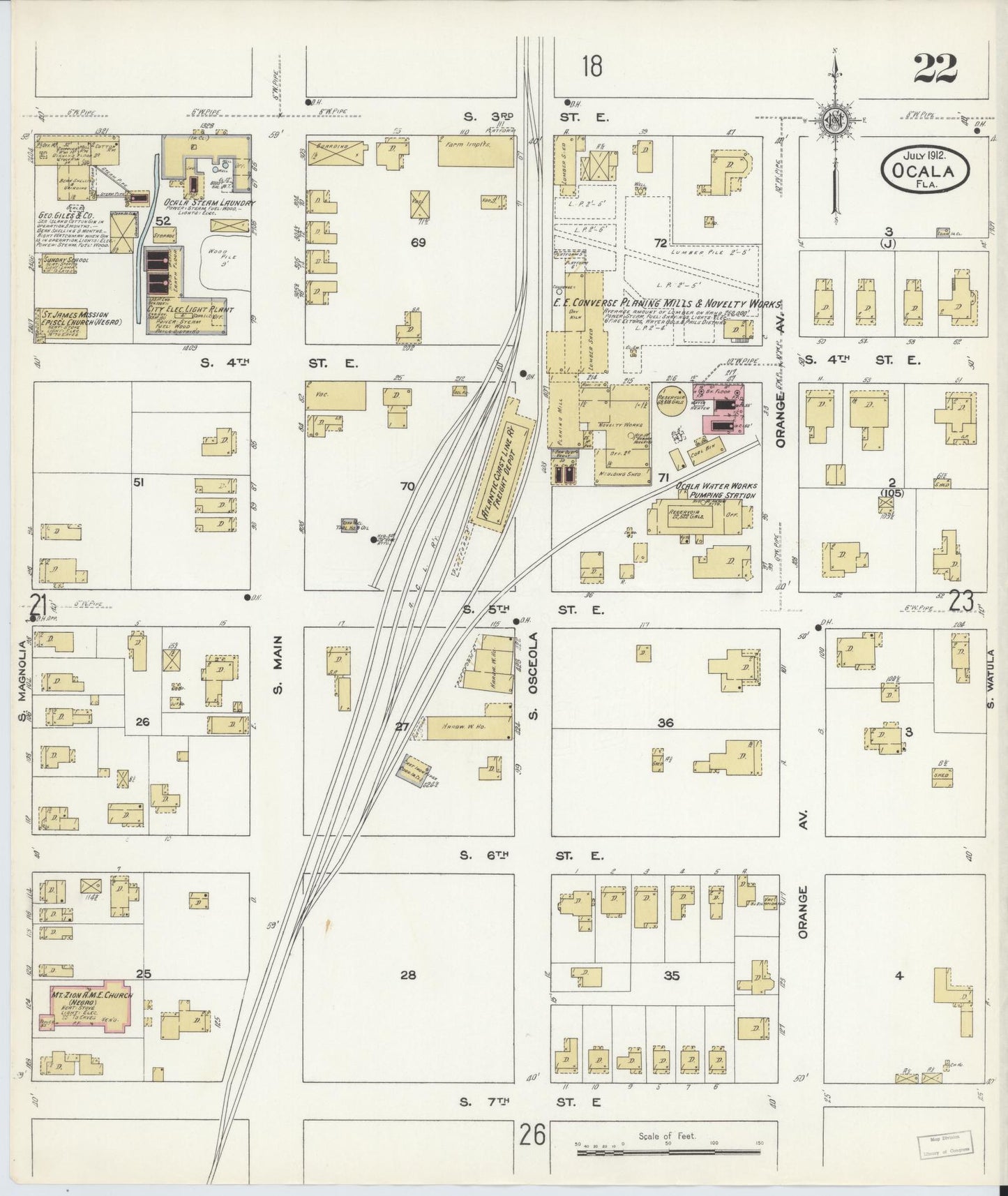 Sanborn Fire Insurance Map from Ocala, Marion County, Florida (1912), Sheet #0022 - Complete Map Set gallery image, historic Sanborn map, vintage wall art, Florida Florida