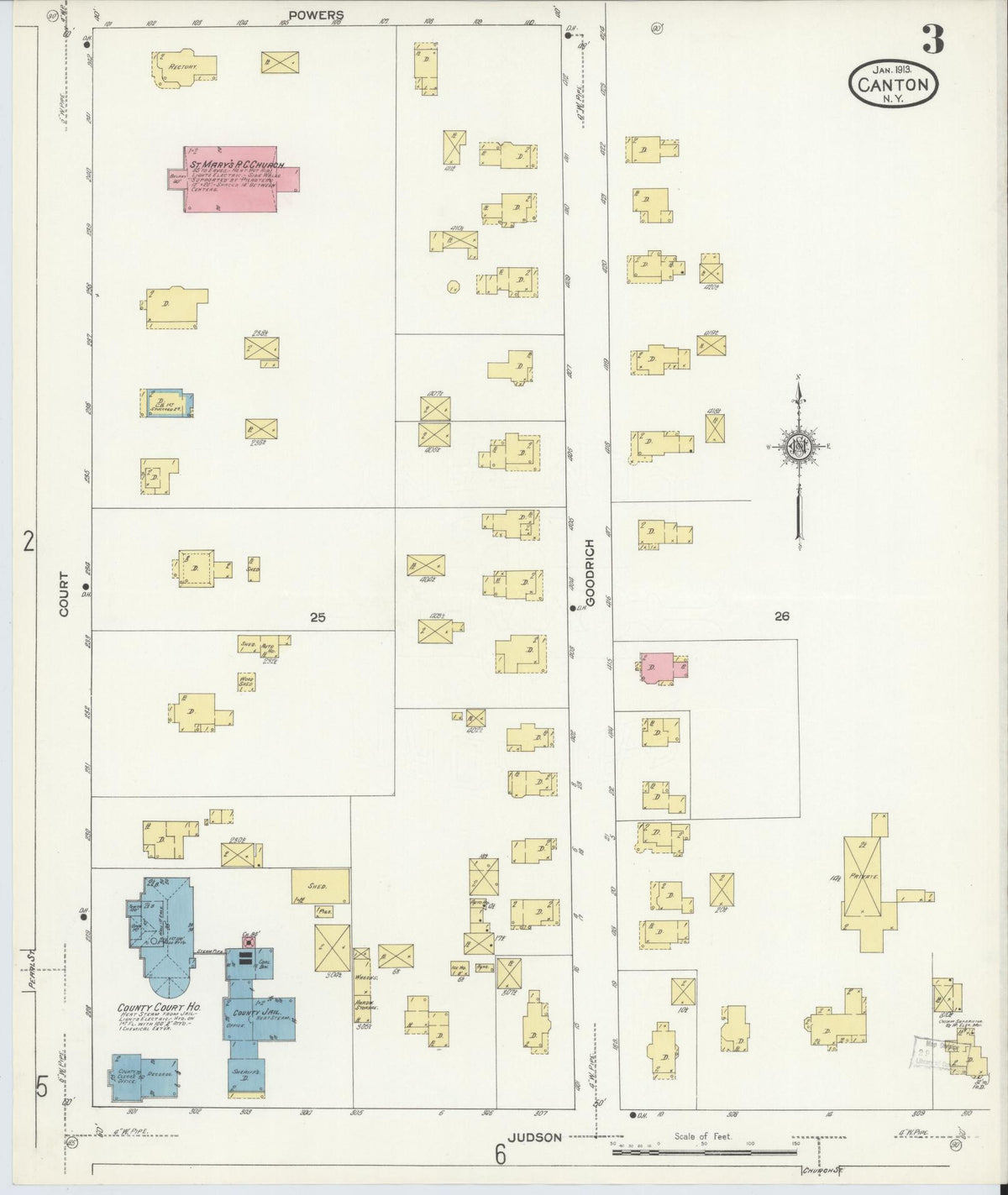 Sanborn Fire Insurance Map from Canton, St. Lawrence County, New York (1913), Sheet #0003 - Complete Map Set gallery image, historic Sanborn map, vintage wall art, New York New York