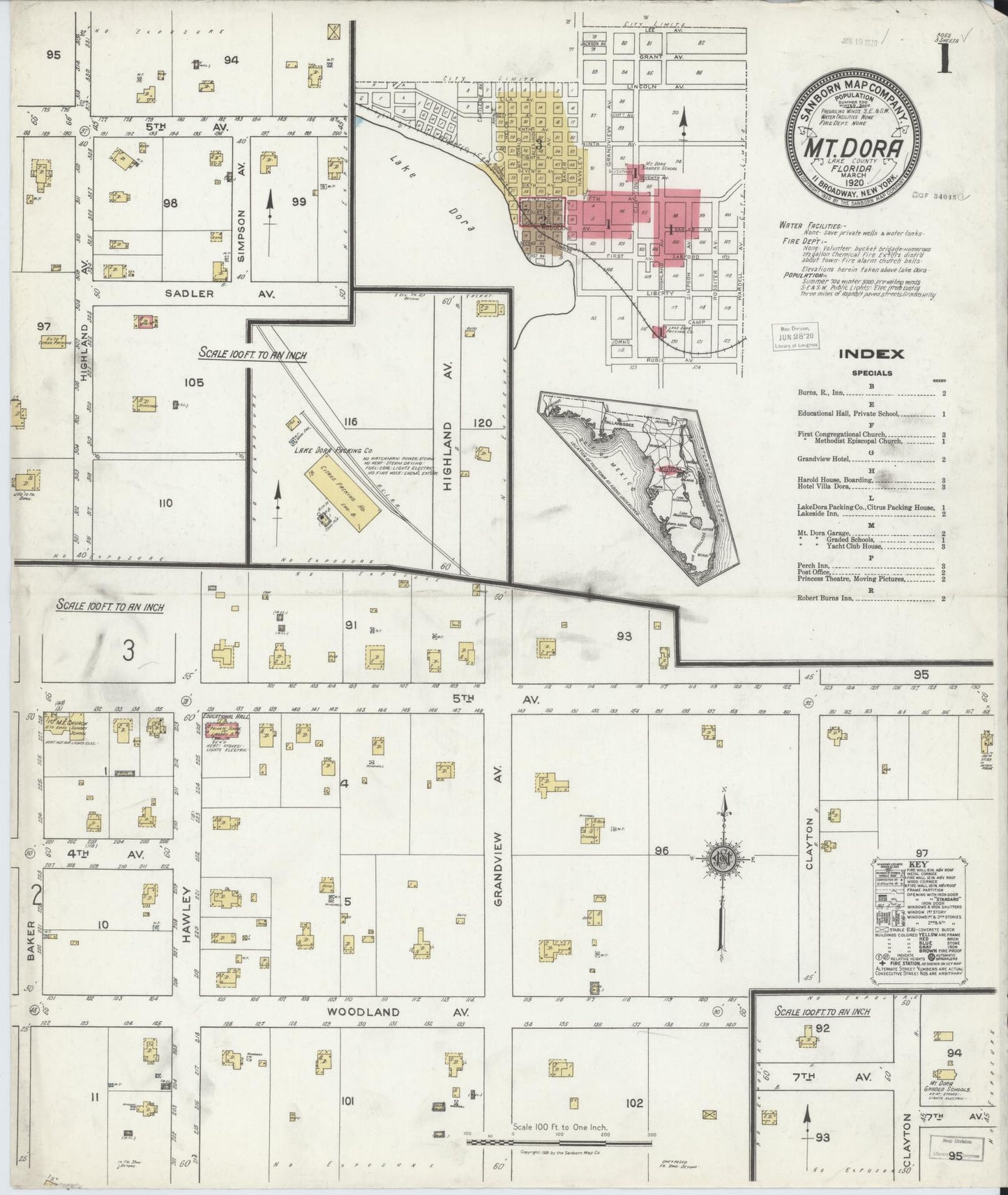 Sanborn Fire Insurance Map from Mount Dora, Lake County, Florida (1920), Sheet #0001 - Historic Sanborn Fire Insurance Map Print, vintage old map wall art, antique decor, genealogy gift, Florida Florida map