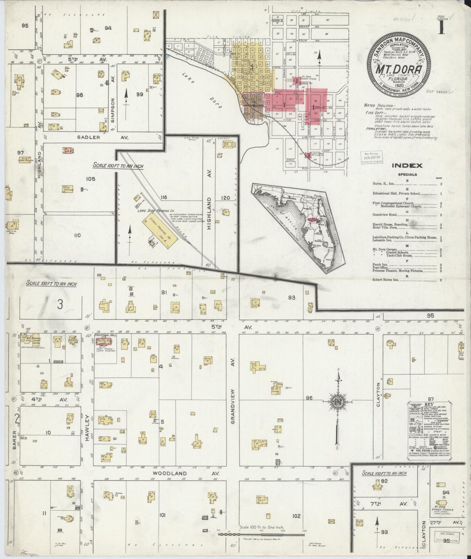 Sanborn Fire Insurance Map from Mount Dora, Lake County, Florida (1920), Sheet #0001 - Historic Sanborn Fire Insurance Map Print, vintage old map wall art, antique decor, genealogy gift, Florida Florida map
