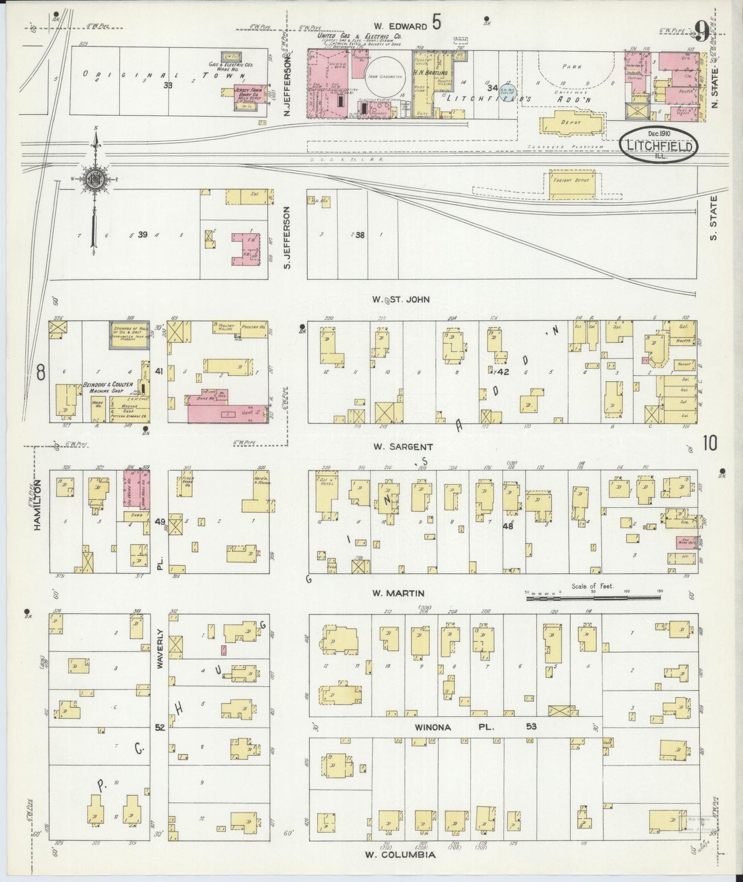 Sanborn Fire Insurance Map from Litchfield, Montgomery County, Illinois (1910), Sheet #0009 - Historic Sanborn Fire Insurance Map Print, vintage old map wall art, antique decor, genealogy gift, Illinois Illinois map