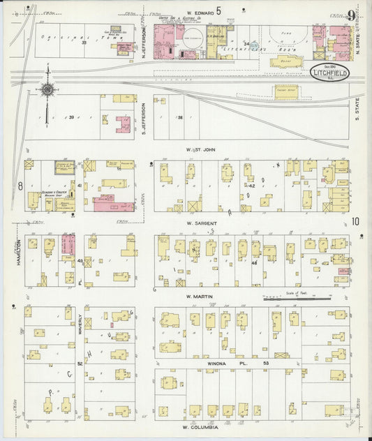 Sanborn Fire Insurance Map from Litchfield, Montgomery County, Illinois (1910), Sheet #0009 - Historic Sanborn Fire Insurance Map Print, vintage old map wall art, antique decor, genealogy gift, Illinois Illinois map