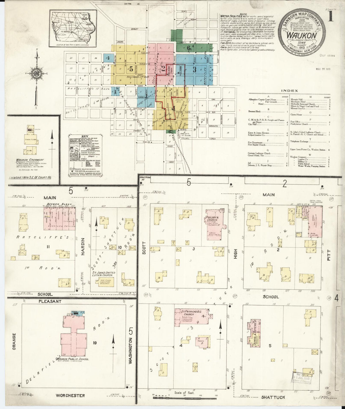 Sanborn Fire Insurance Map from Waukon, Allamakee County, Iowa (1913), Sheet #0001 - Historic Sanborn Fire Insurance Map Print, vintage old map wall art