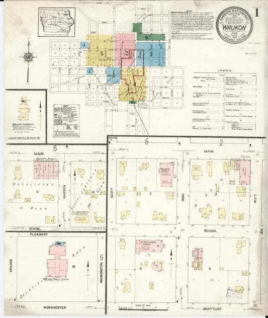 Sanborn Fire Insurance Map from Waukon, Allamakee County, Iowa (1913), Sheet #0001 - Historic Sanborn Fire Insurance Map Print, vintage old map wall art