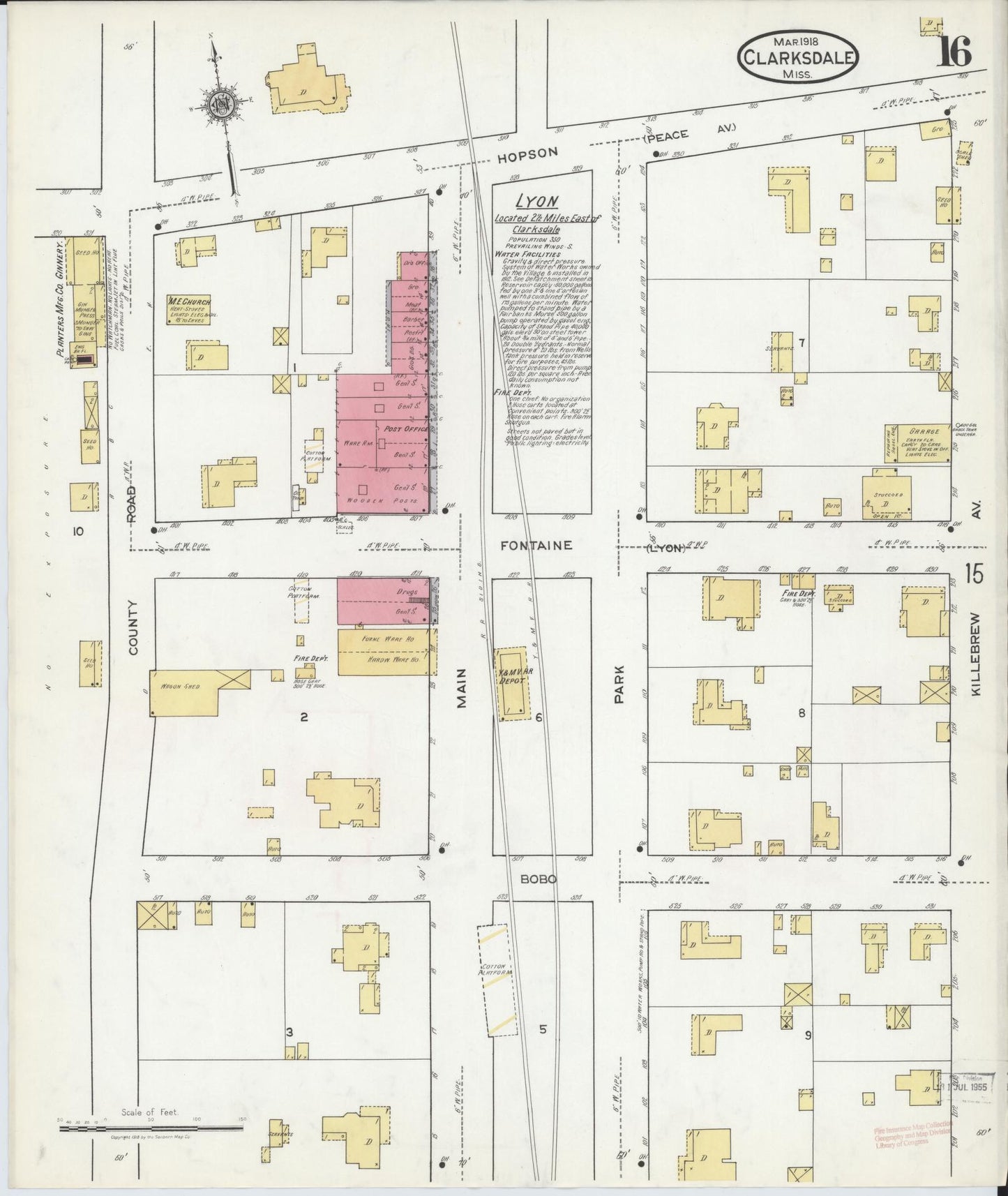 Sanborn Fire Insurance Map from Clarksdale, Coahoma County, Mississippi (1918), Sheet #0016 - Complete Map Set gallery image, historic Sanborn map, vintage wall art, Mississippi Mississippi