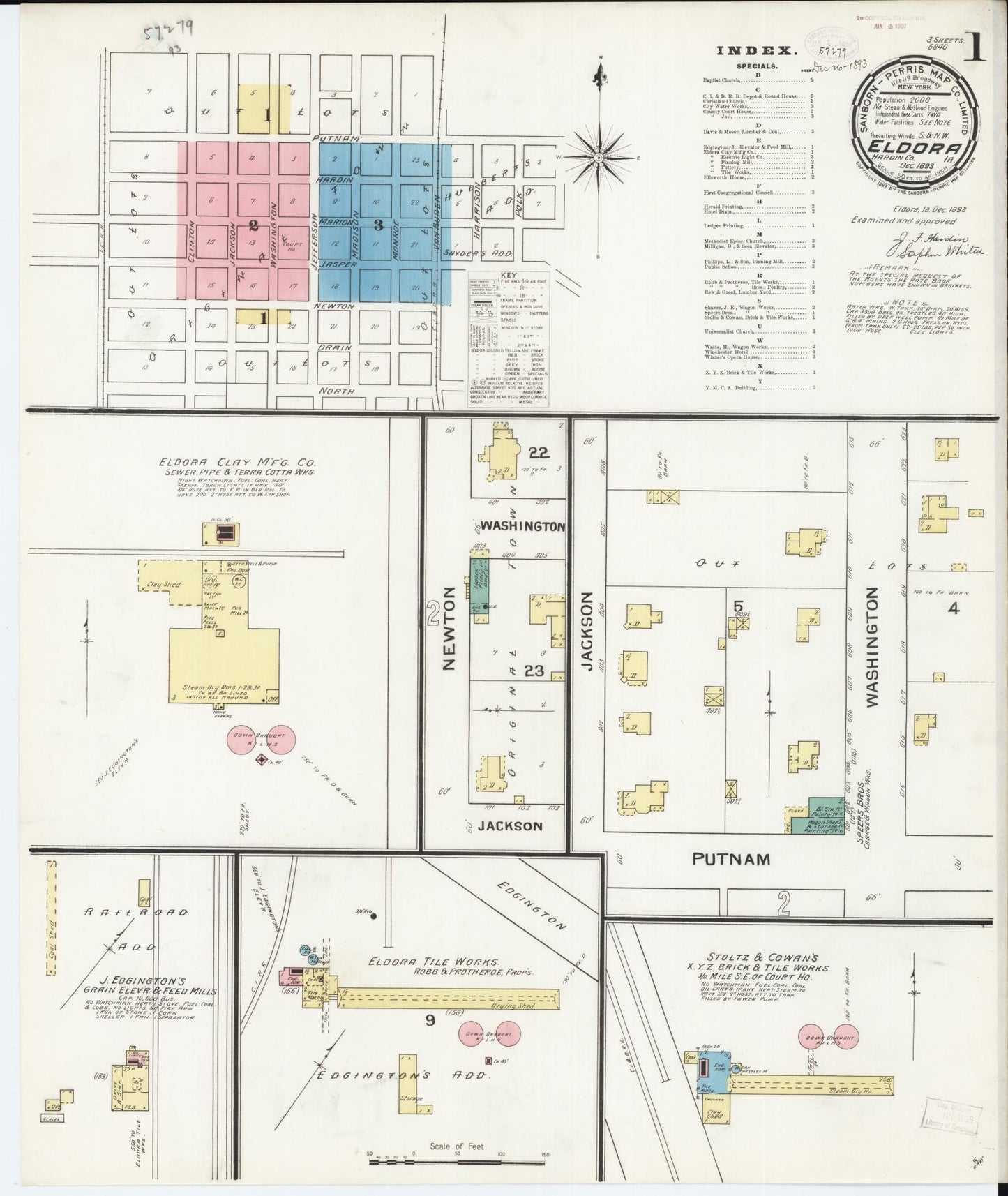 Sanborn Fire Insurance Map from Eldora, Hardin County, Iowa (1893), Sheet #0001 - Historic Sanborn Fire Insurance Map Print, vintage old map wall art