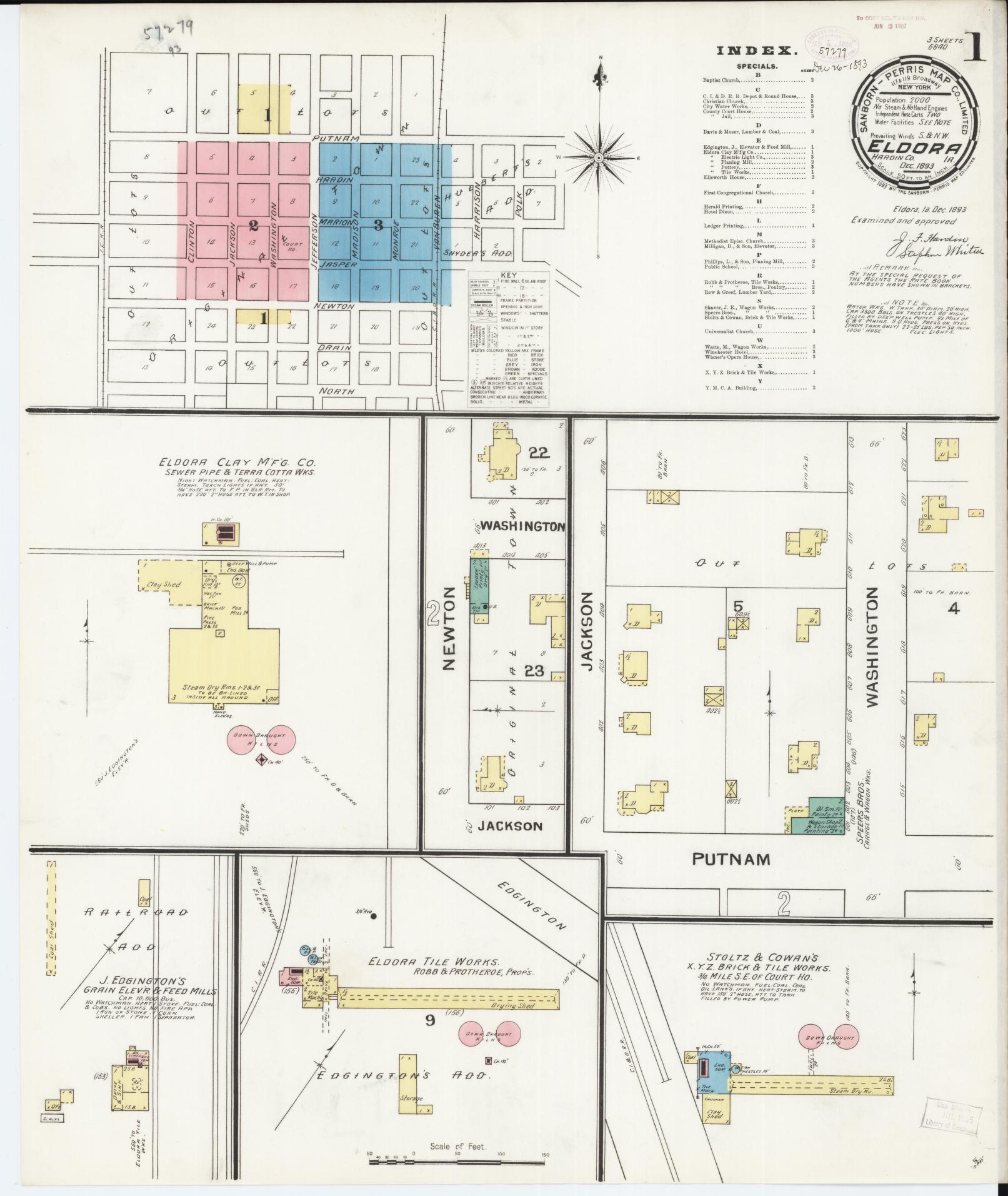 Sanborn Fire Insurance Map from Eldora, Hardin County, Iowa (1893), Sheet #0001 - Historic Sanborn Fire Insurance Map Print, vintage old map wall art