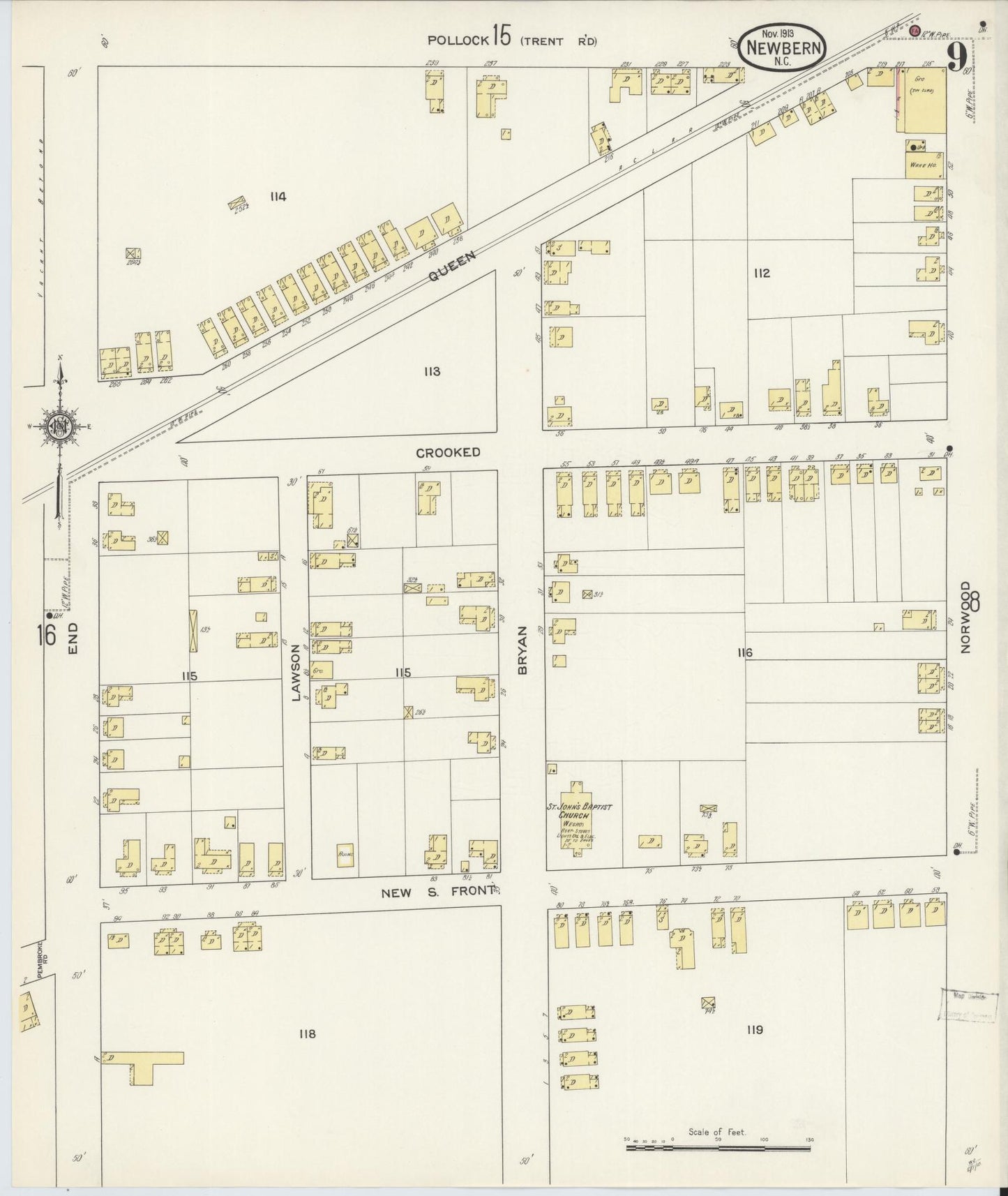 Sanborn Fire Insurance Map from New Bern, Craven County, North Carolina (1913), Sheet #0009 - Complete Map Set gallery image, historic Sanborn map, vintage wall art, North Carolina North Carolina
