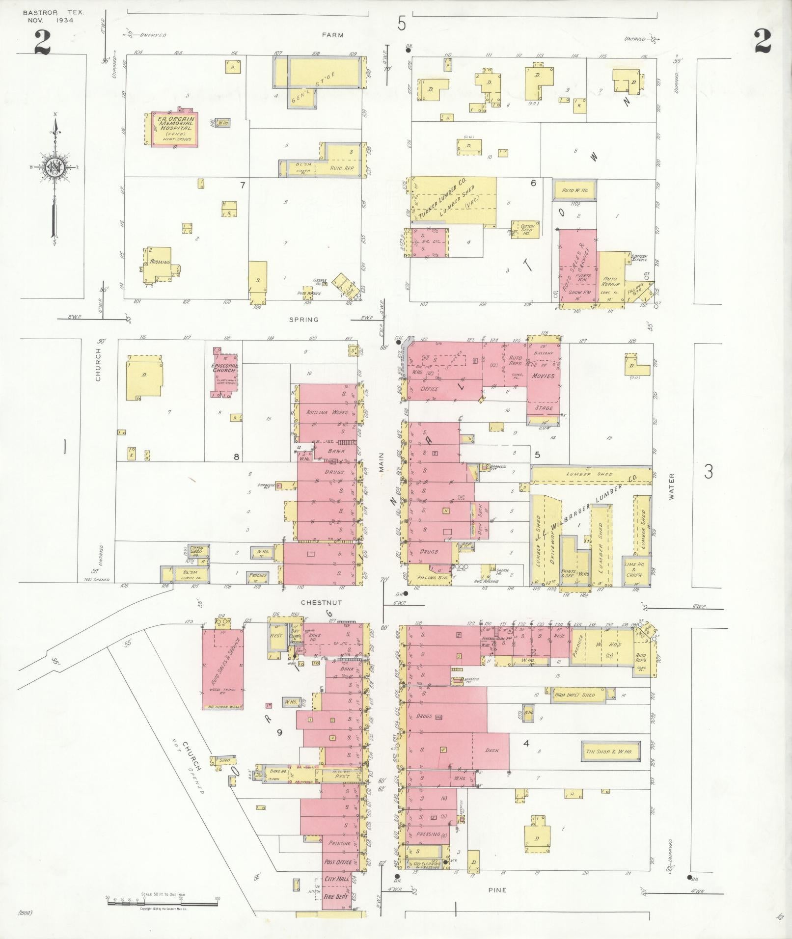 Sanborn Fire Insurance Map from Bastrop, Bastrop County, Texas (1934), Sheet #0002 - Historic Sanborn Fire Insurance Map Print, vintage old map wall art, antique decor, genealogy gift, Texas Texas map