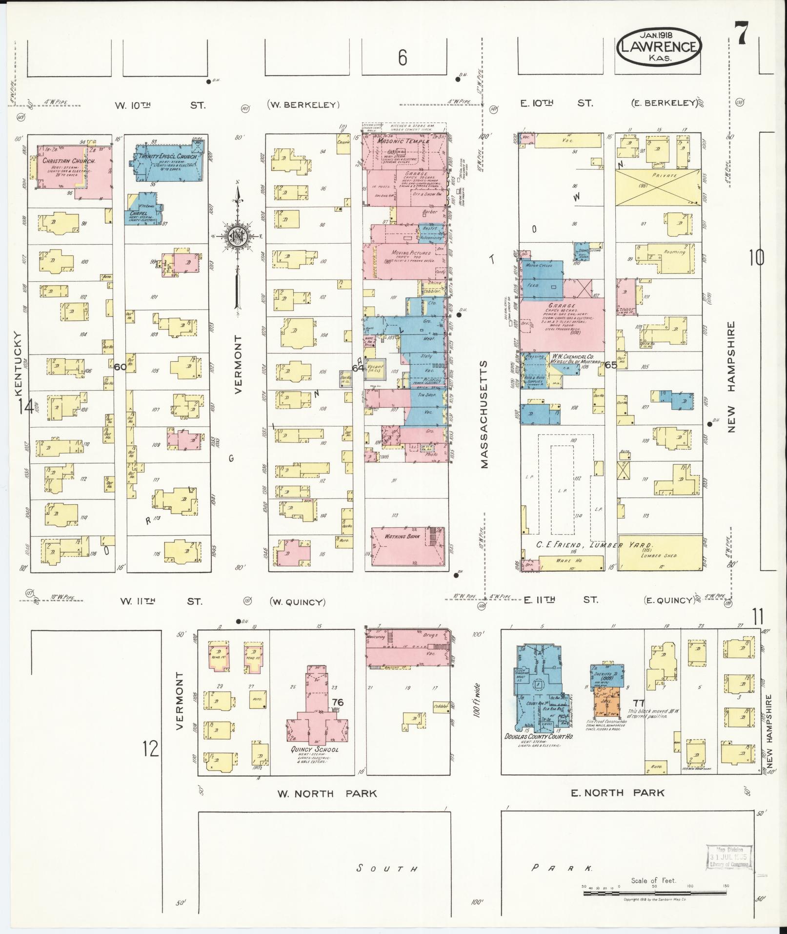 Sanborn Fire Insurance Map from Lawrence, Douglas County, Kansas (1918), Sheet #0007 - Historic Sanborn Fire Insurance Map Print, vintage old map wall art, antique decor, genealogy gift, Kansas Kansas map