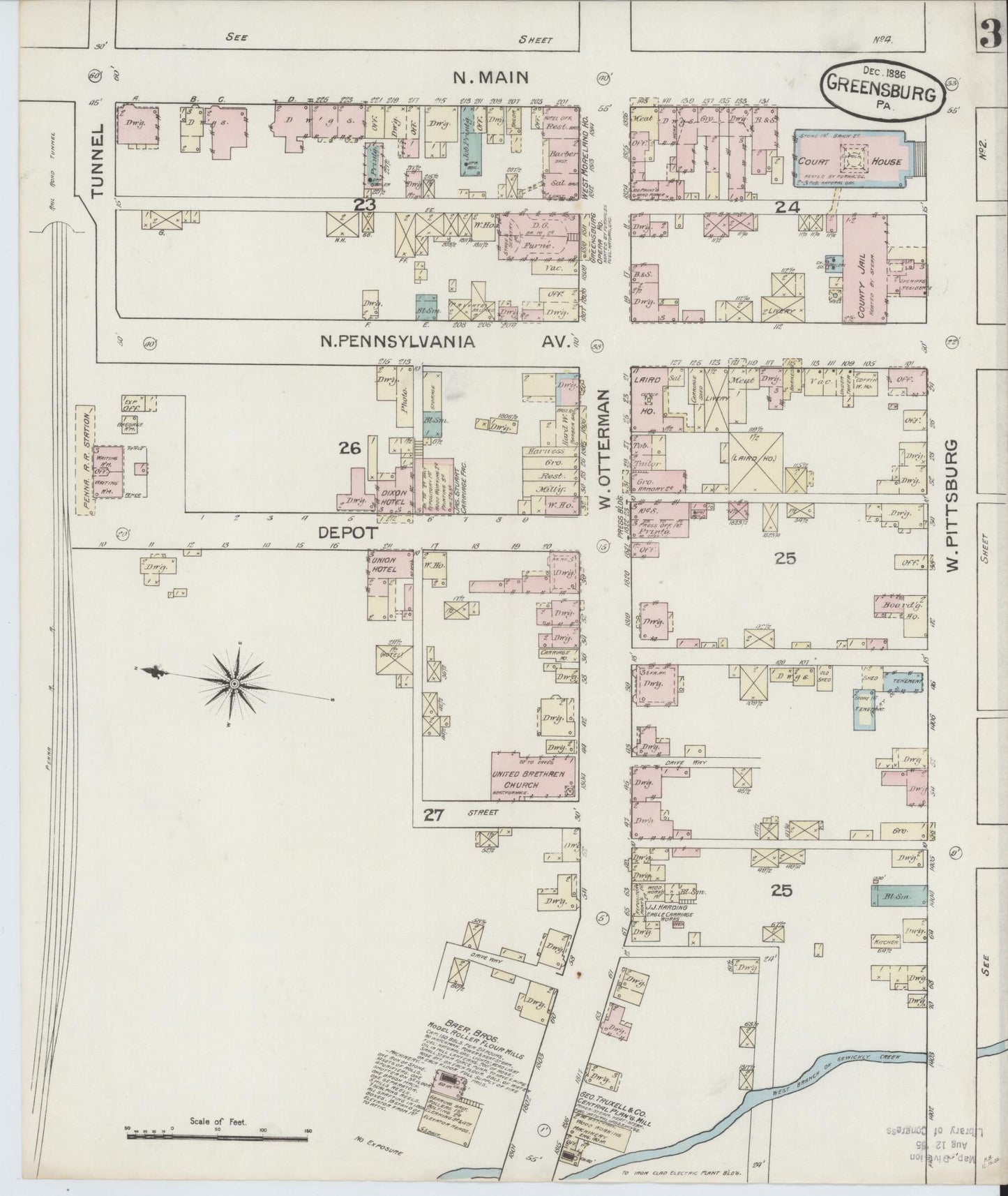 Sanborn Fire Insurance Map from Greensburg, Westmoreland County, Pennsylvania (1886), Sheet #0003 - Historic Sanborn Fire Insurance Map Print, vintage old map wall art, antique decor, genealogy gift, Pennsylvania Pennsylvania map