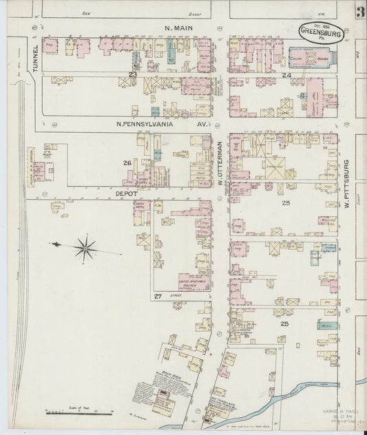Sanborn Fire Insurance Map from Greensburg, Westmoreland County, Pennsylvania (1886), Sheet #0003 - Historic Sanborn Fire Insurance Map Print, vintage old map wall art, antique decor, genealogy gift, Pennsylvania Pennsylvania map