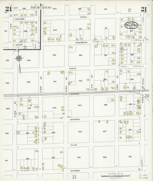 Sanborn Fire Insurance Map from Palatka, Putnam County, Florida (1924), Sheet #0021 - Historic Sanborn Fire Insurance Map Print, vintage old map wall art, antique decor, genealogy gift, Florida Florida map