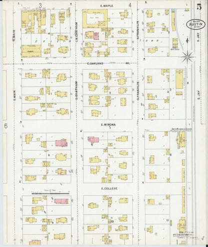 Sanborn Fire Insurance Map from Austin, Mower County, Minnesota (1899), Sheet #0005 - Historic Sanborn Fire Insurance Map Print, vintage old map wall art, antique decor, genealogy gift, Minnesota Minnesota map
