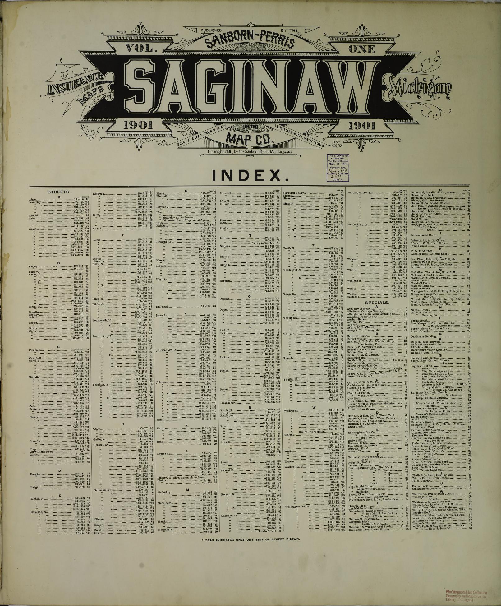 Sanborn Fire Insurance Map from Saginaw, Saginaw County, Michigan (1901), Sheet #0001 - Complete Map Set gallery image, historic Sanborn map, vintage wall art, Michigan Michigan