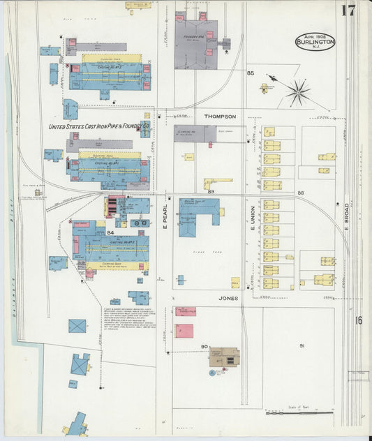 Sanborn Fire Insurance Map from Burlington, Burlington County, New Jersey (1908), Sheet #0016 - Historic Sanborn Fire Insurance Map Print, vintage old map wall art, antique decor, genealogy gift, New Jersey New Jersey map