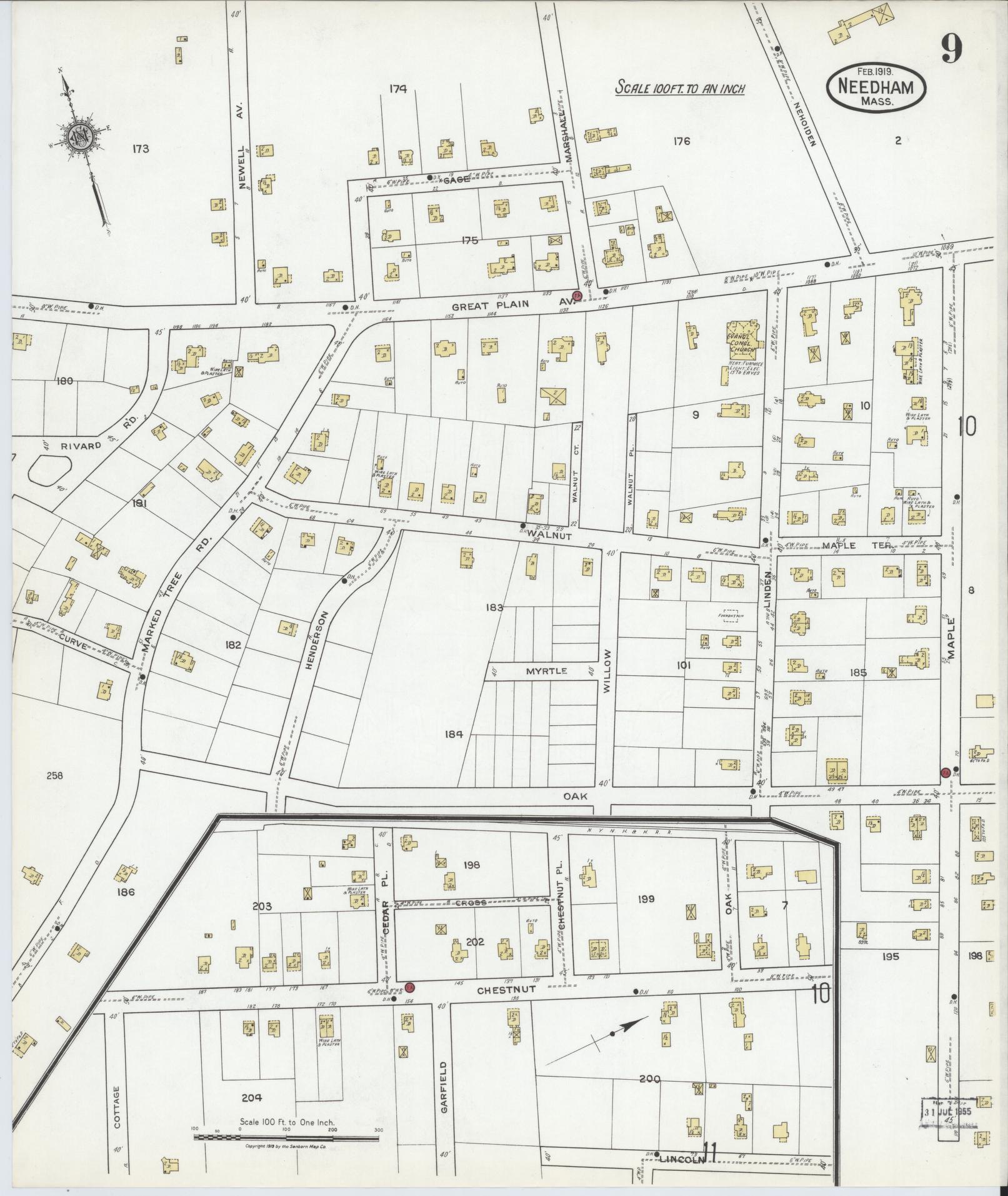 Sanborn Fire Insurance Map from Needham, Norfolk County, Massachusetts (1919), Sheet #0009 - Complete Map Set gallery image, historic Sanborn map, vintage wall art, Massachusetts Massachusetts