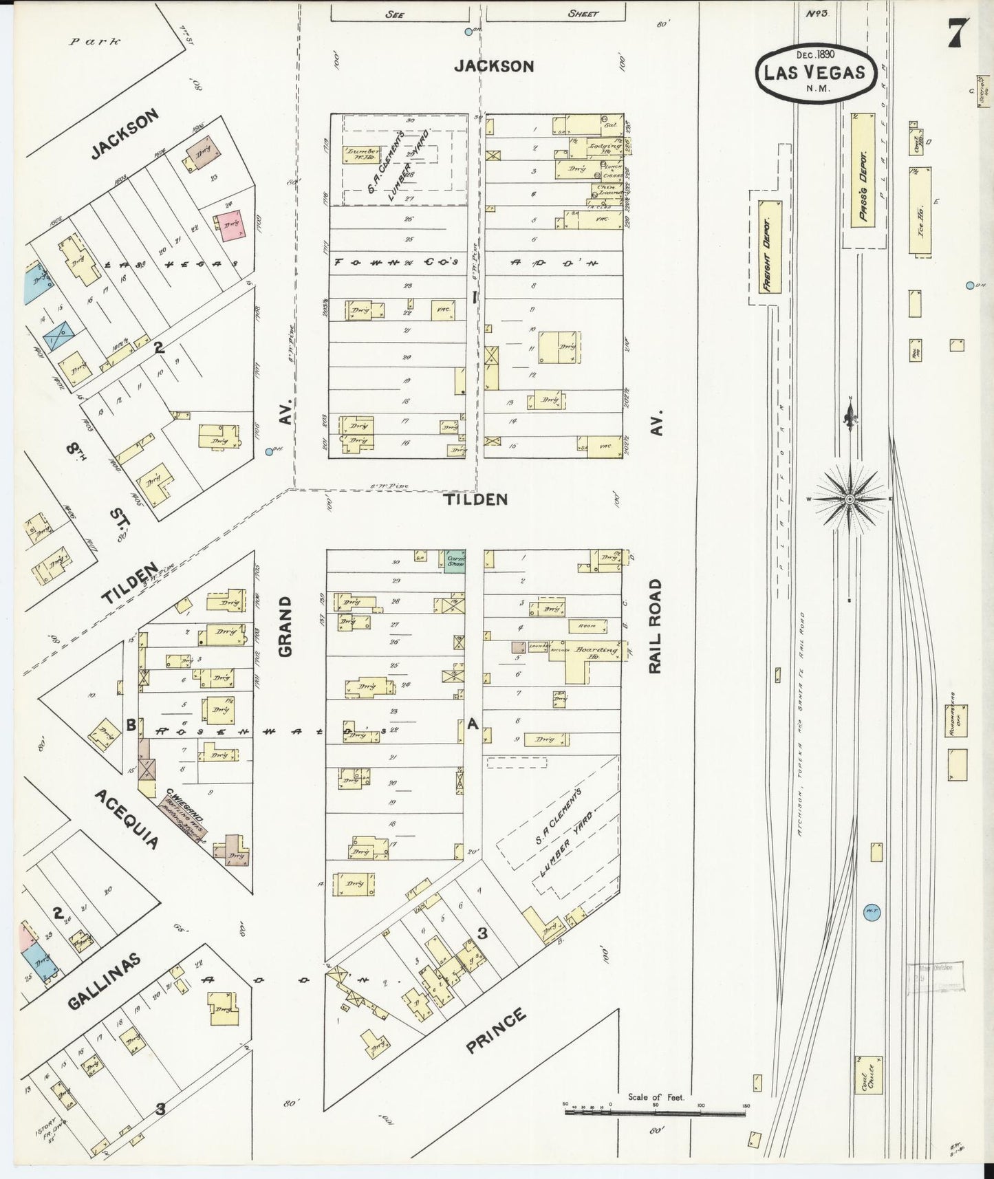 Sanborn Fire Insurance Map from Las Vegas, San Miguel County, New Mexico (1890), Sheet #0007 - Complete Map Set gallery image, historic Sanborn map, vintage wall art, New Mexico New Mexico