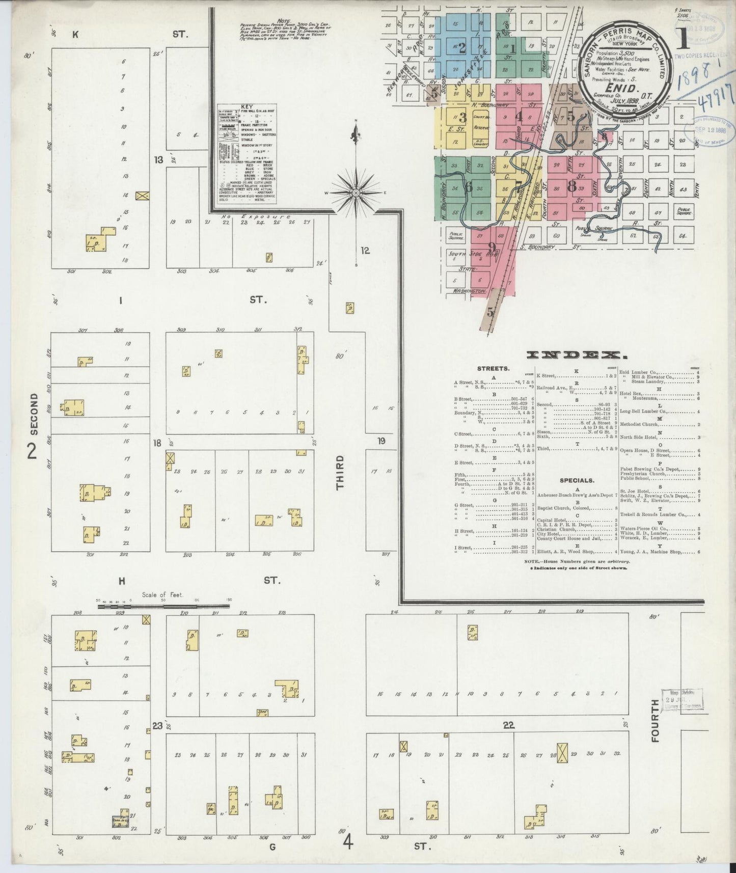 Sanborn Fire Insurance Map from Enid, Garfield County, Oklahoma (1898), Sheet #0001 - Complete Map Set gallery image, historic Sanborn map, vintage wall art, Oklahoma Oklahoma