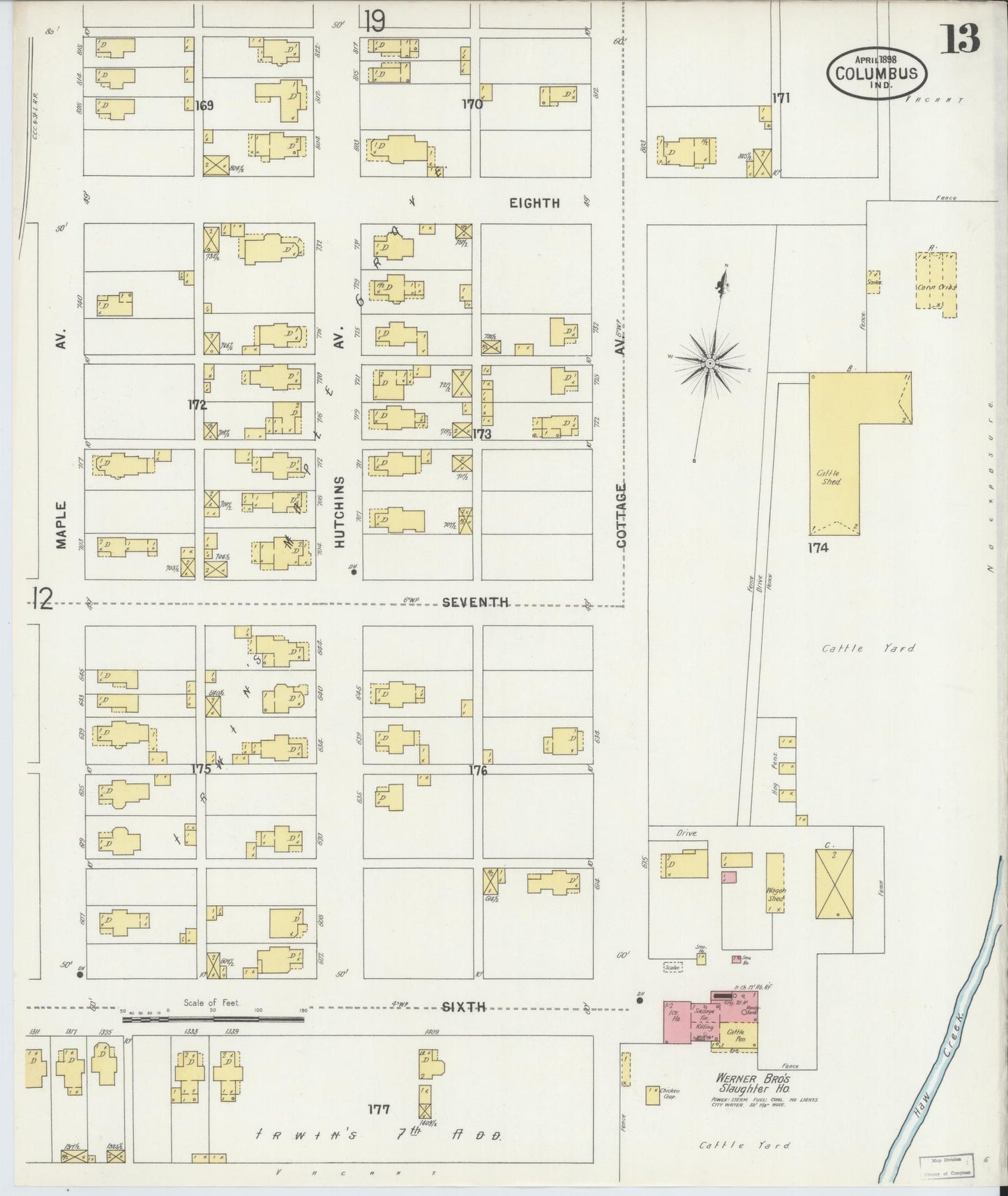 Sanborn Fire Insurance Map from Columbus, Bartholomew County, Indiana (1898), Sheet #0013 - Historic Sanborn Fire Insurance Map Print, vintage old map wall art, antique decor, genealogy gift, Indiana Indiana map