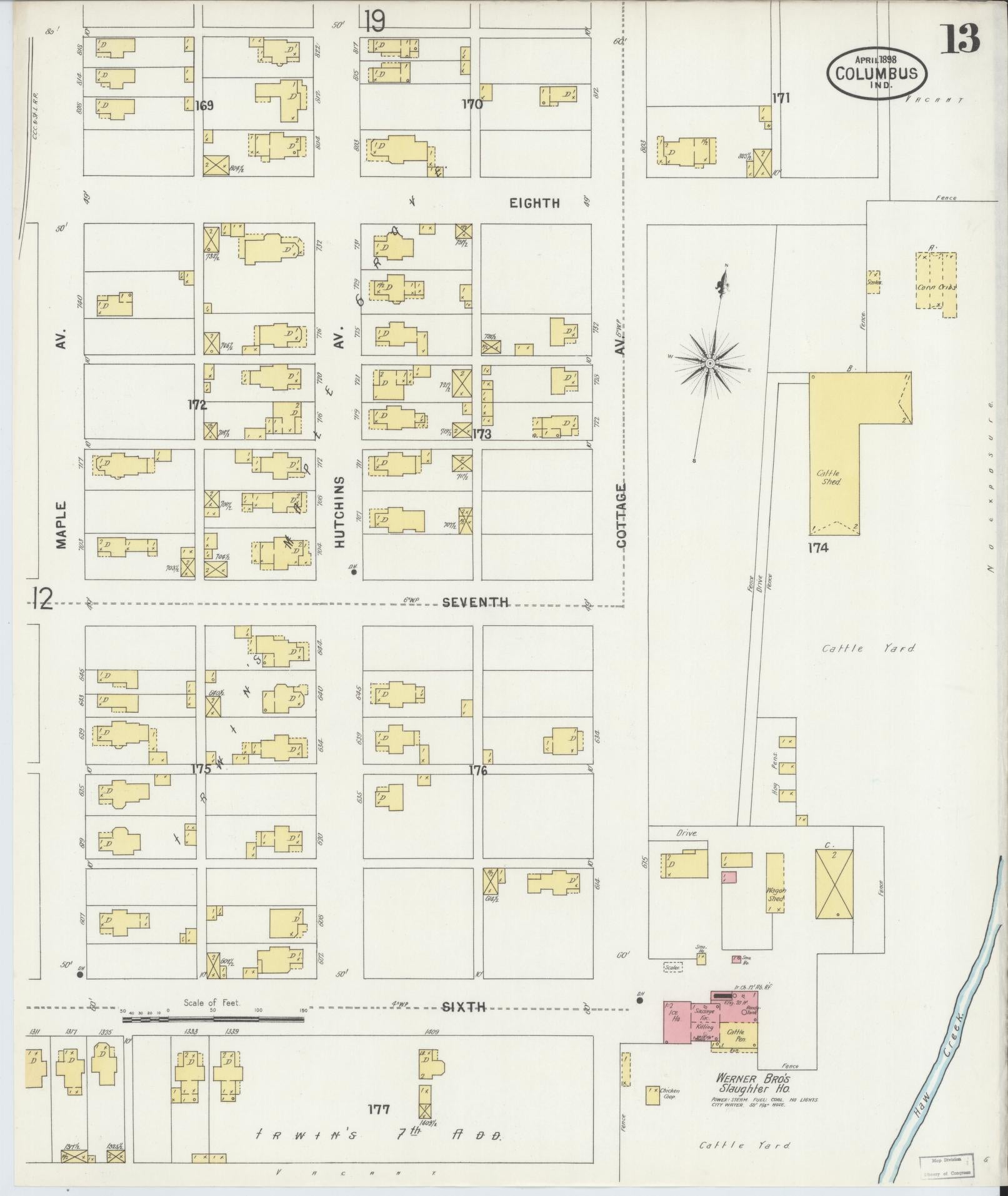 Sanborn Fire Insurance Map from Columbus, Bartholomew County, Indiana (1898), Sheet #0013 - Historic Sanborn Fire Insurance Map Print, vintage old map wall art, antique decor, genealogy gift, Indiana Indiana map